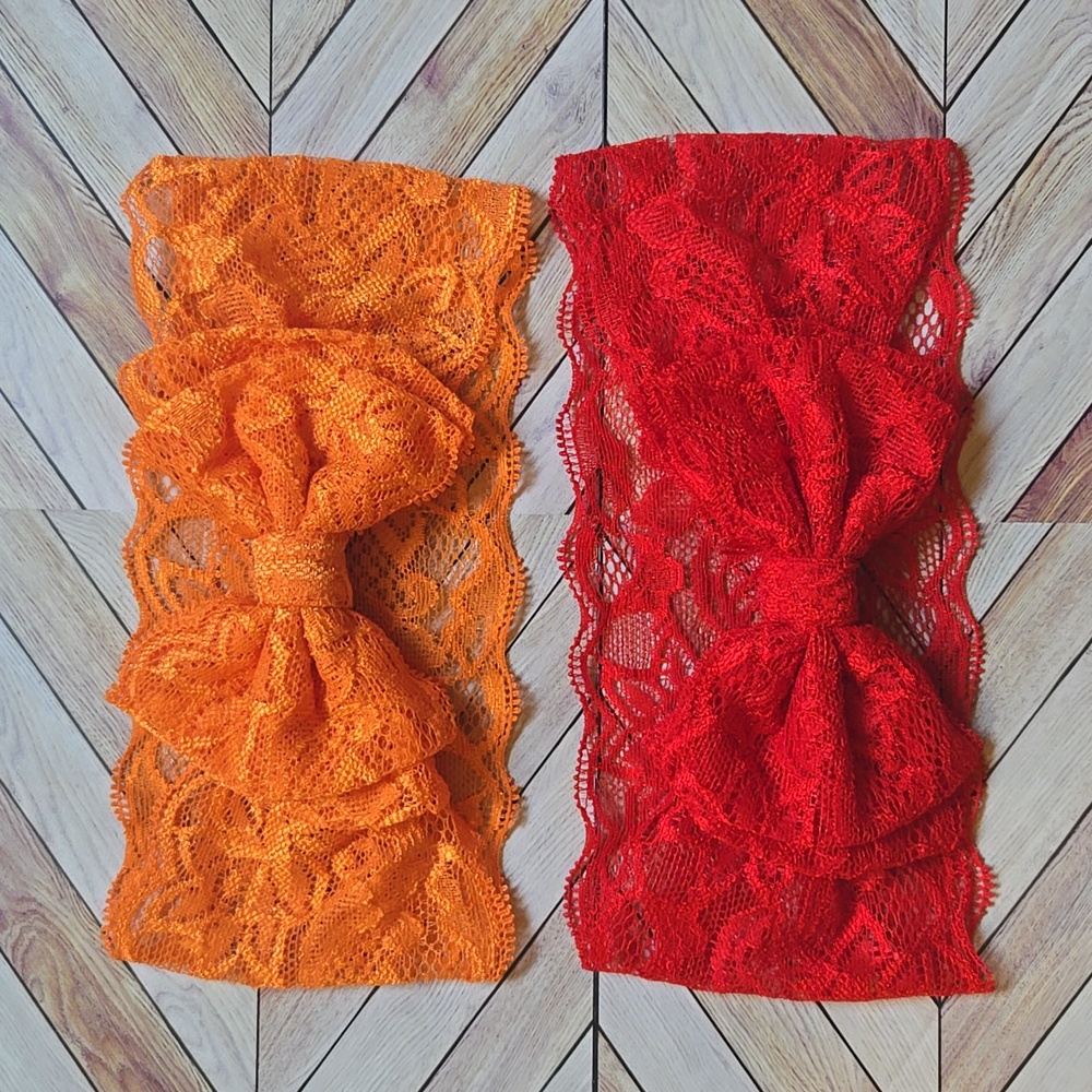 Set of 2 Wide Lace Bow Headbands Orange & Red Stretch Hairband Handmade Bundle